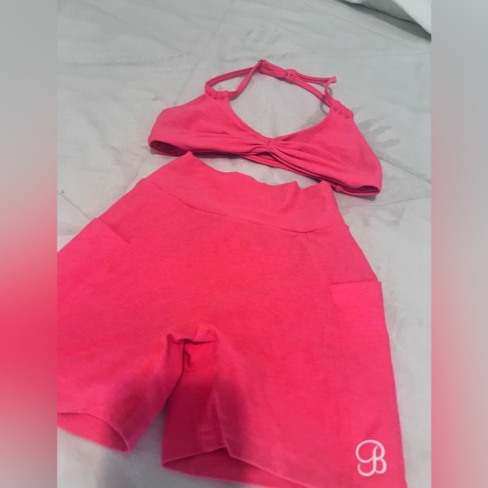 Bombshell Sportswear Pink Athletic Shorts and Sports Bra Set
